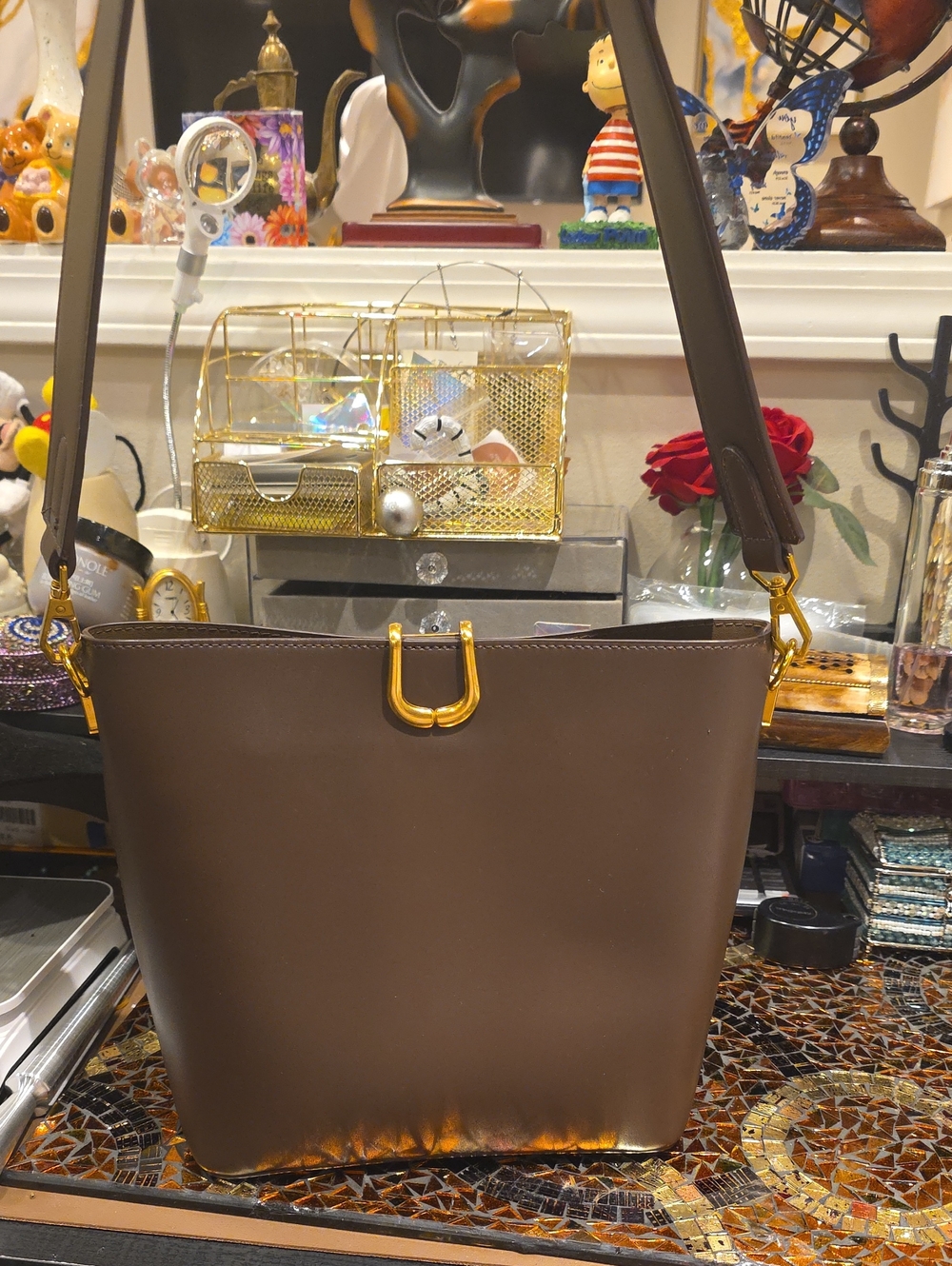 Madison West Brown Shoulder Bag with Gold Hardware